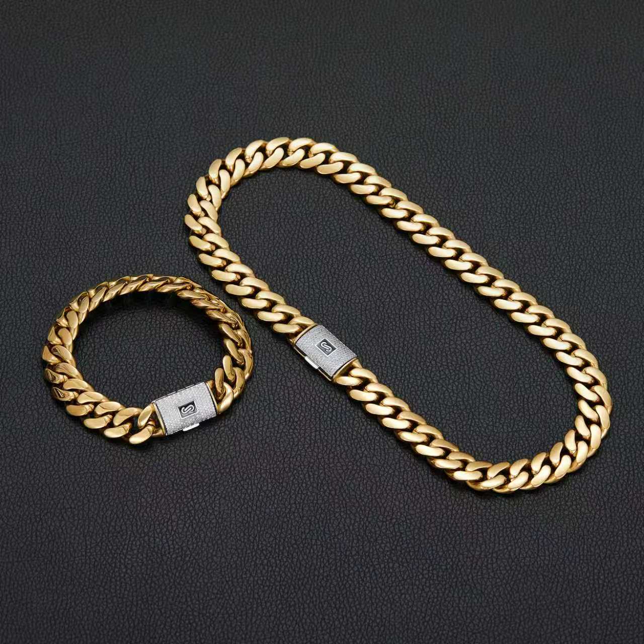 Men's Gold Cuban Link Chain & Bracelet Set – Premium Hip Hop Jewelry for Men