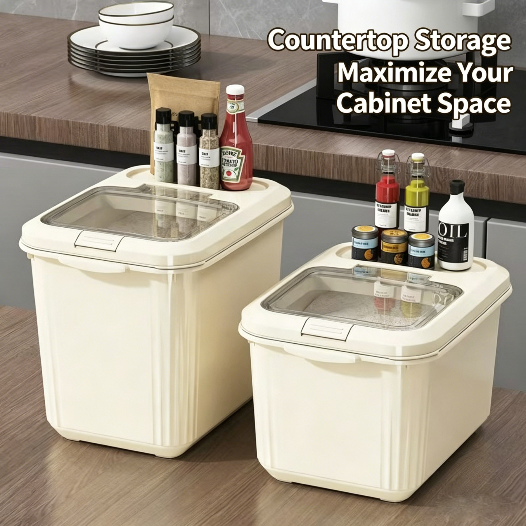 Airtight Flip Top Rice Storage Container, BPA-Free Food-Grade Grain Bin with Measuring Cup & Handle, Kitchen Food Storage Canister for Rice, Flour, Cereal, Beans, Pet Food, Multiple Capacities