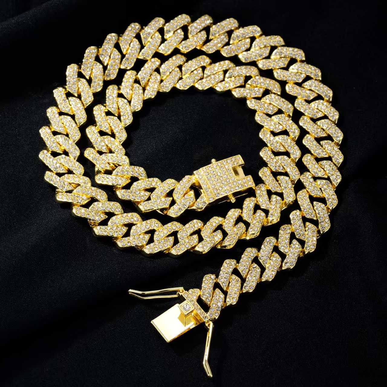 2-Piece Set Rhinestone Cuban Chain Necklace Bracelet Set, Unisex Street Party Jewelry, Bold Design for Men and Women