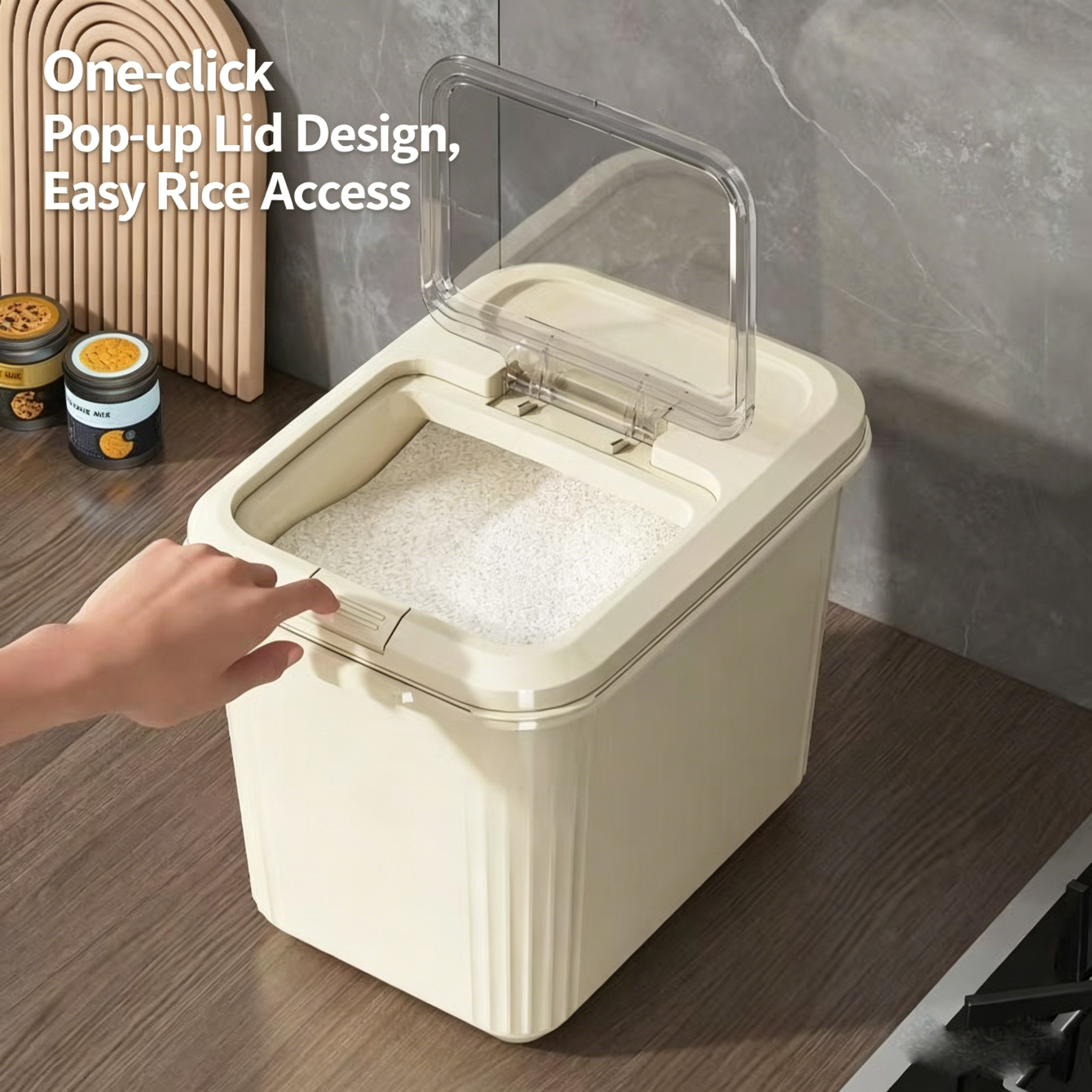 Airtight Flip Top Rice Storage Container, BPA-Free Food-Grade Grain Bin with Measuring Cup & Handle, Kitchen Food Storage Canister for Rice, Flour, Cereal, Beans, Pet Food, Multiple Capacities