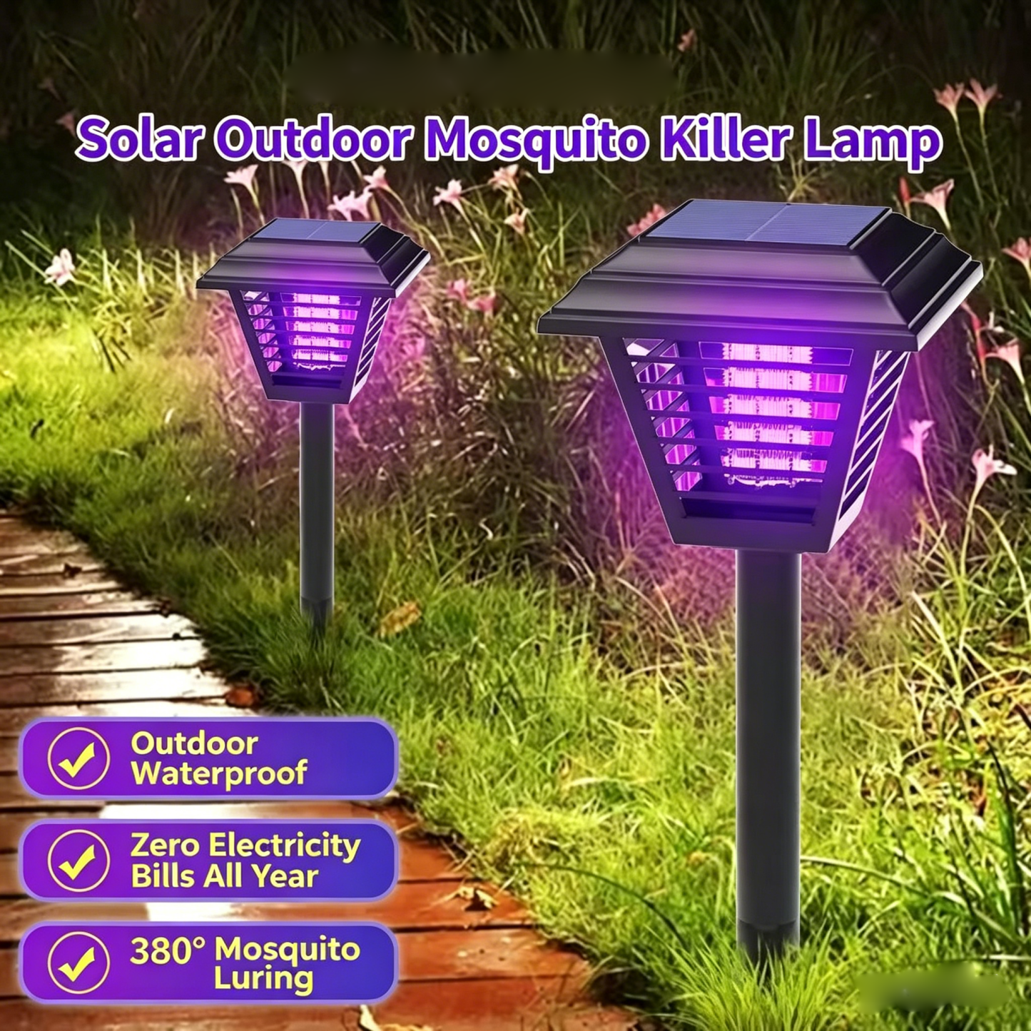 Solar-Powered Mosquito Zapper | IP65 Waterproof Outdoor Bug Zapper | Chemical-Free Cordless Pest Control for Patio, Backyard & Camping