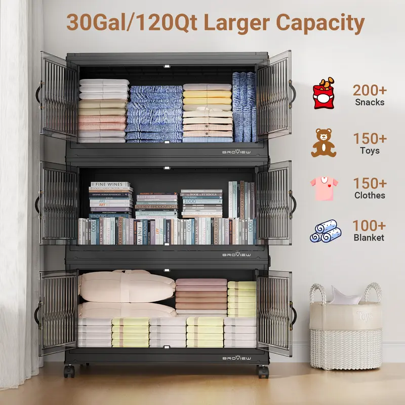 Stackable Storage Bins with Lids, Extra Large Closet Organizer Collapsible Drawer Boxes with Wheels, Folding Plastic Cabinet Containers for Home Kitchen Room Organization
