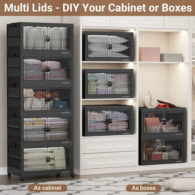 Stackable Storage Bins with Lids, Extra Large Closet Organizer Collapsible Drawer Boxes with Wheels, Folding Plastic Cabinet Containers for Home Kitchen Room Organization