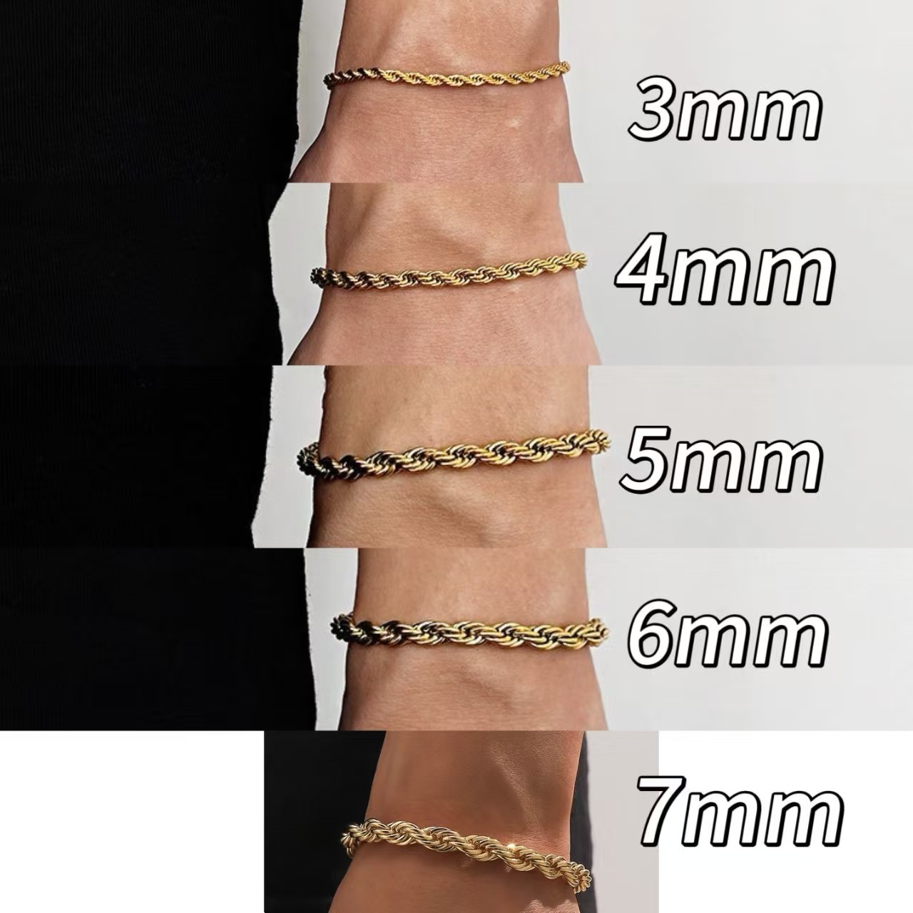 Men’s Twisted Rope Chain Bracelet - 3-7mm Width Options, Gold/Silver Plated Stainless Steel, Waterproof & Hypoallergenic Statement Jewelry