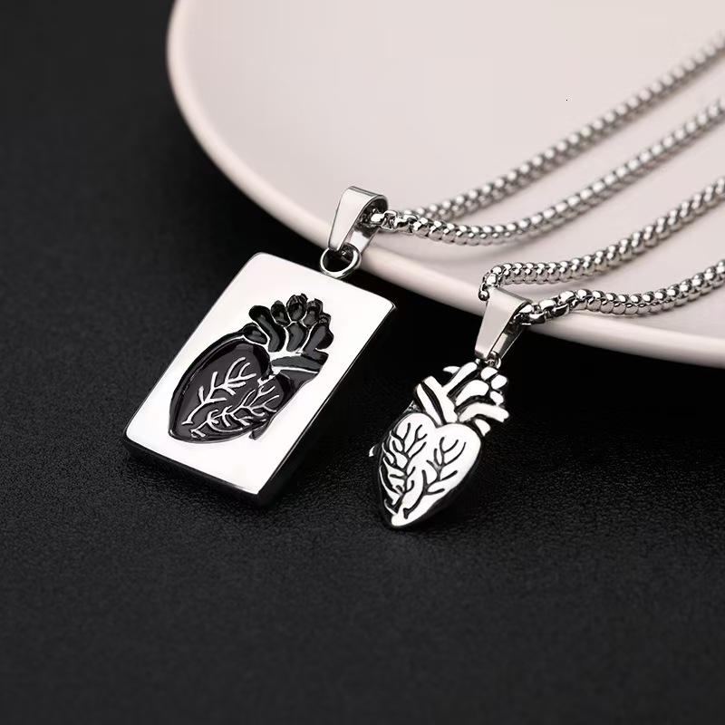 Anatomical Heart Pendant Necklace Set - 2pcs Gothic Stainless Steel Necklaces, Gold/Silver Plated, Waterproof Hypoallergenic Couple Jewelry