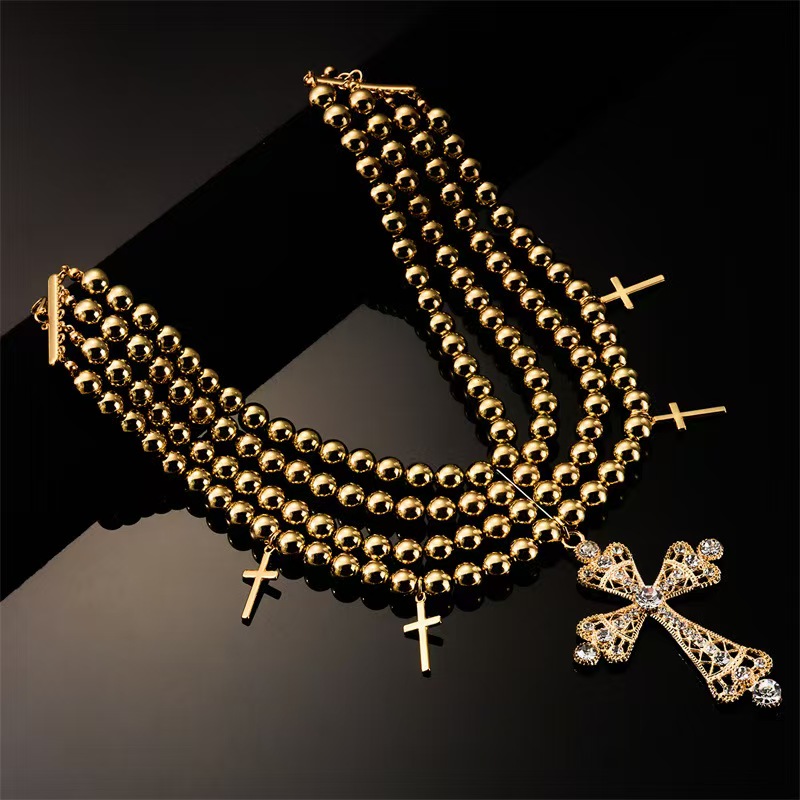 Fashion Layered Pearl and Chain Necklace, Rhinestone Cross Pendant Choker for Women, Trendy Alloy Statement Jewelry Gift for Her.