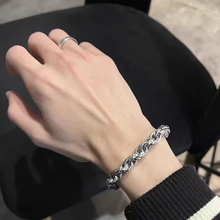 Men’s Dragon Twisted Chain BraceleStainless Steel, Silver Plated, Textured Curb Link, Adjustable Streetwear Jewelry