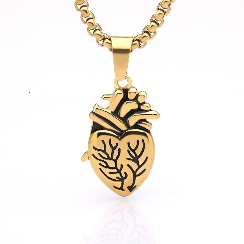 Anatomical Heart Pendant Necklace Set - 2pcs Gothic Stainless Steel Necklaces, Gold/Silver Plated, Waterproof Hypoallergenic Couple Jewelry