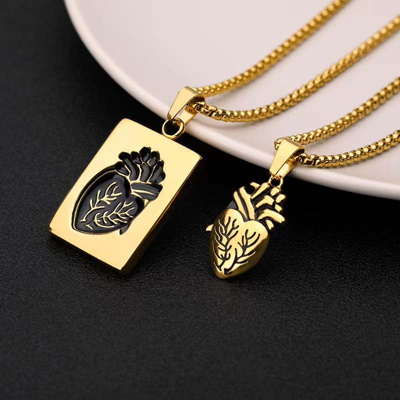 Anatomical Heart Pendant Necklace Set - 2pcs Gothic Stainless Steel Necklaces, Gold/Silver Plated, Waterproof Hypoallergenic Couple Jewelry