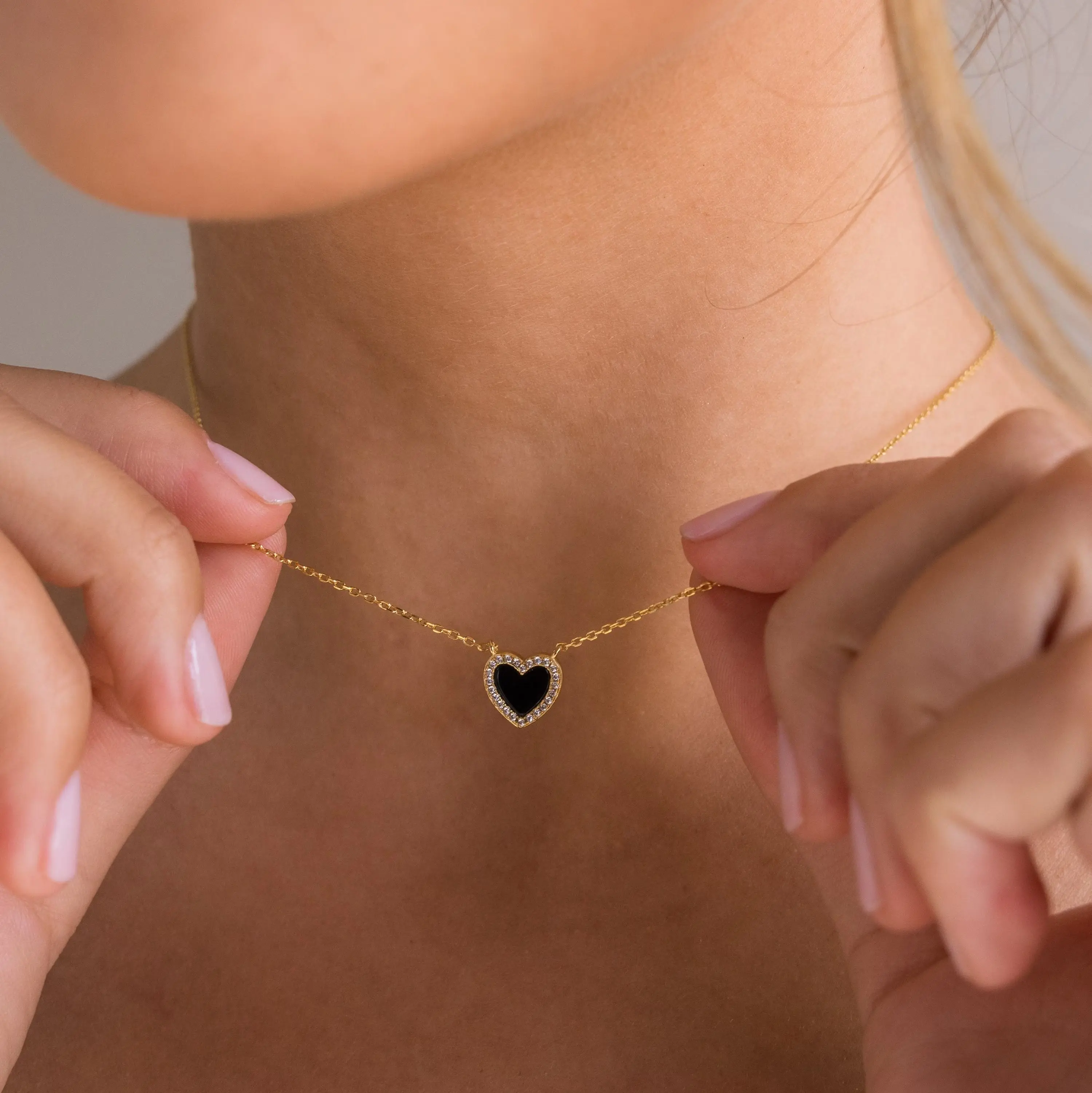 Pave Onyx Heart Necklace by Caitlyn Minimalist - Dainty 18K Gold Plated Charm Necklace - Black Cubic Zirconia Puff Heart Necklace - Graduation Gift for Her
