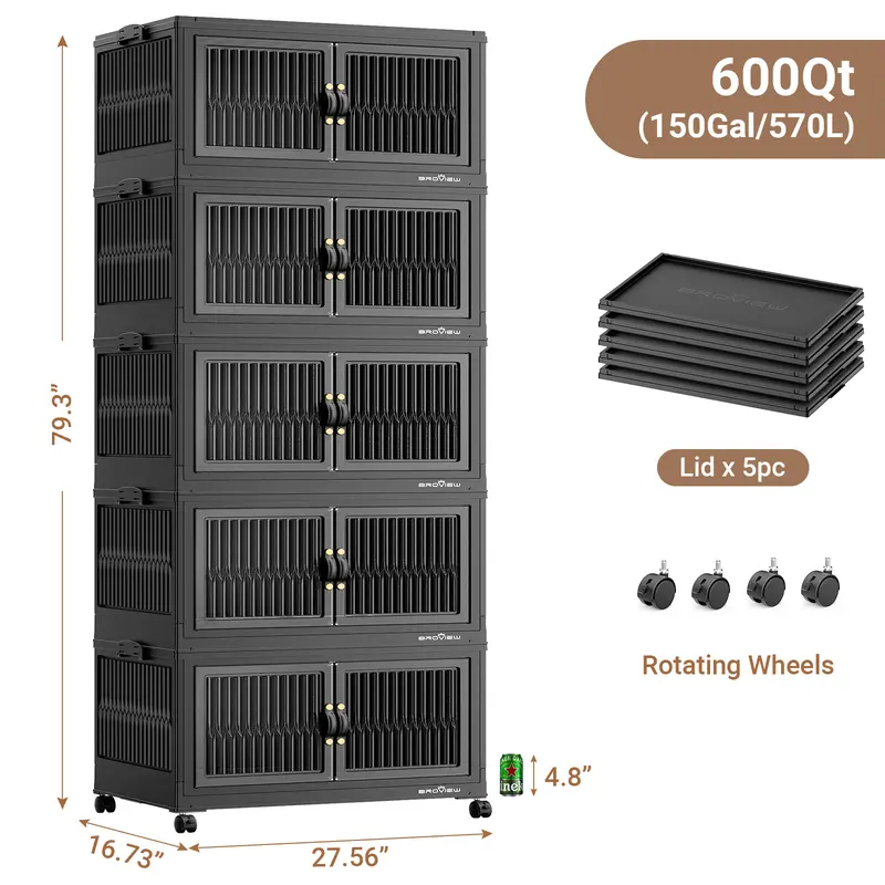 Stackable Storage Bins with Lids, Extra Large Closet Organizer Collapsible Drawer Boxes with Wheels, Folding Plastic Cabinet Containers for Home Kitchen Room Organization