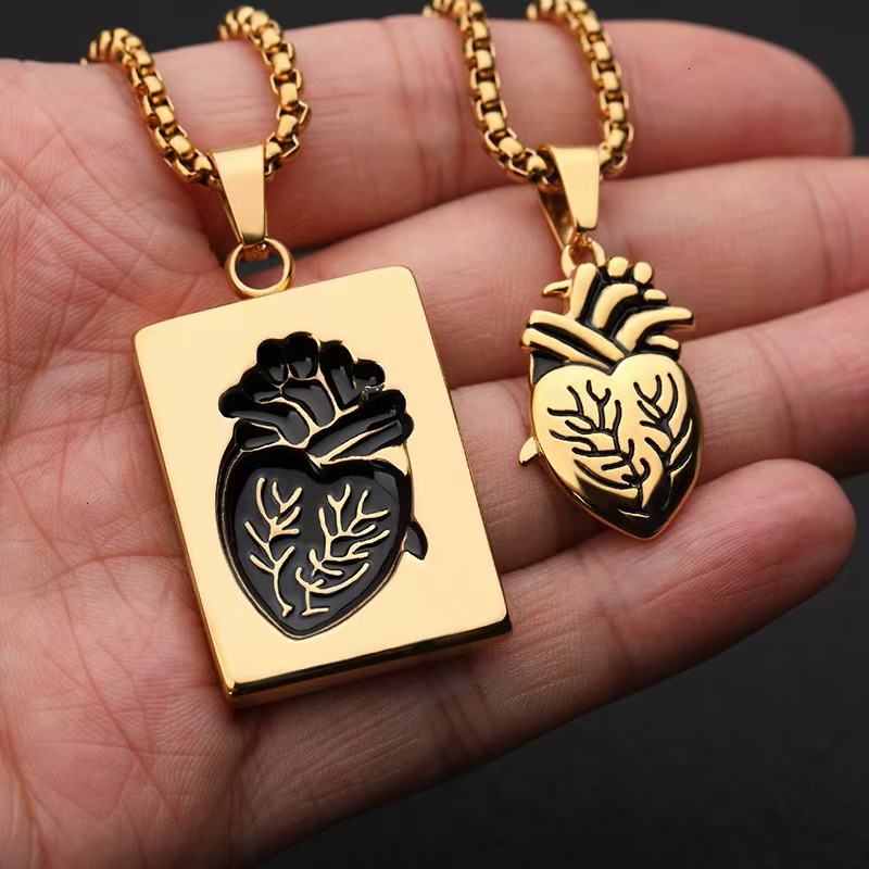 Anatomical Heart Pendant Necklace Set - 2pcs Gothic Stainless Steel Necklaces, Gold/Silver Plated, Waterproof Hypoallergenic Couple Jewelry
