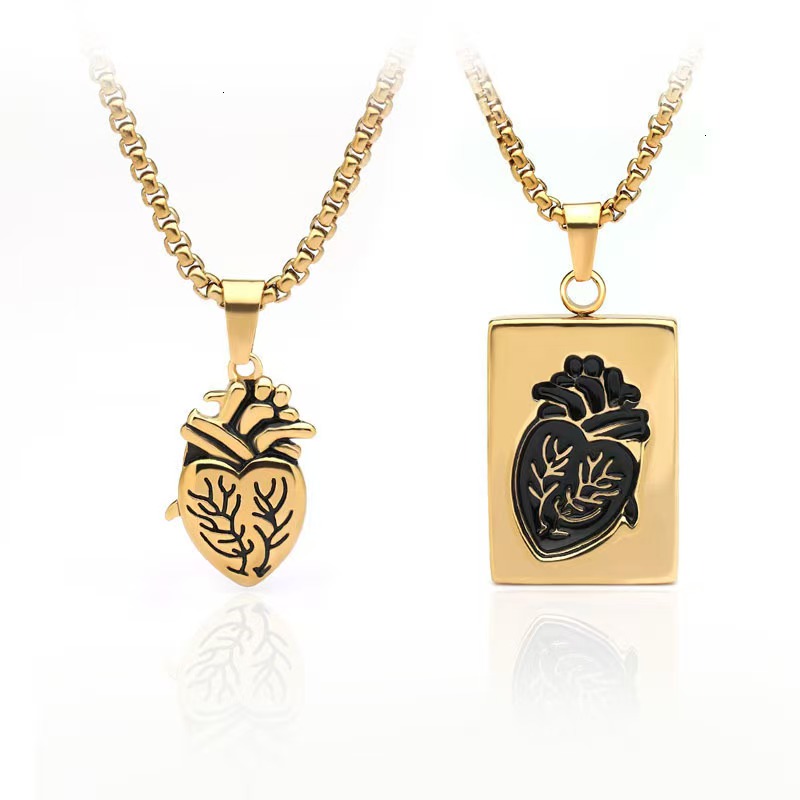 Anatomical Heart Pendant Necklace Set - 2pcs Gothic Stainless Steel Necklaces, Gold/Silver Plated, Waterproof Hypoallergenic Couple Jewelry