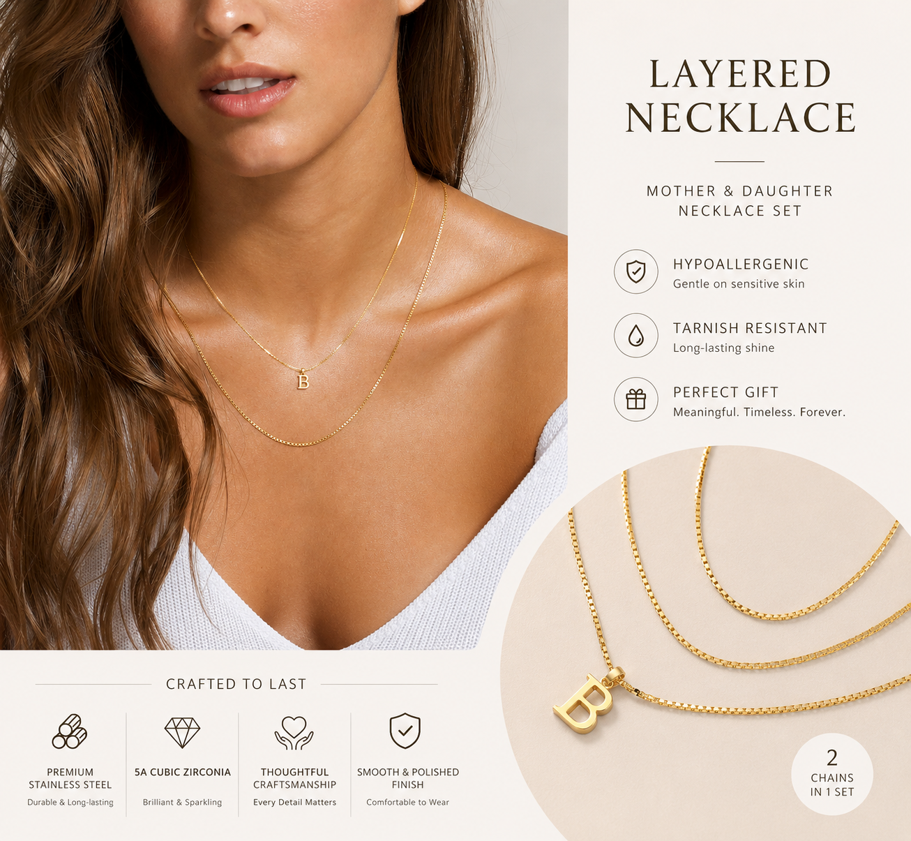 Personalized Initial Layered Necklace for Women – 18K Gold Plated Double Chain Necklace