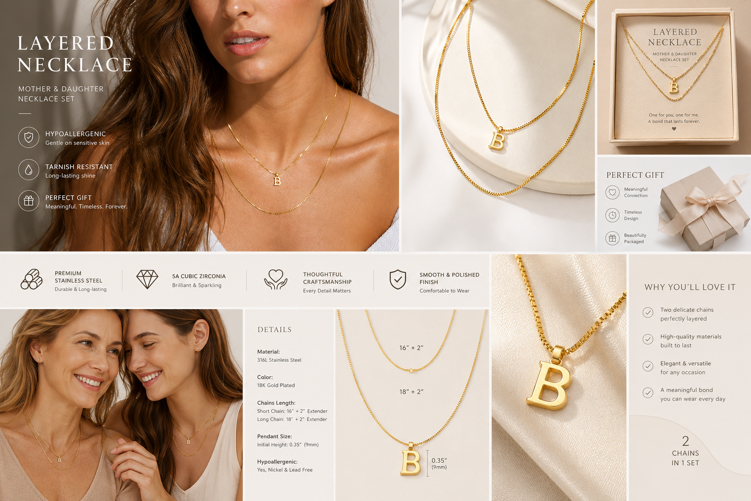 Personalized Initial Layered Necklace for Women – 18K Gold Plated Double Chain Necklace