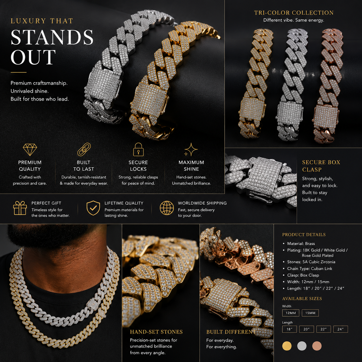 Iced Out Cuban Link Chain – 18K Gold Plated Hip Hop Necklace for Men