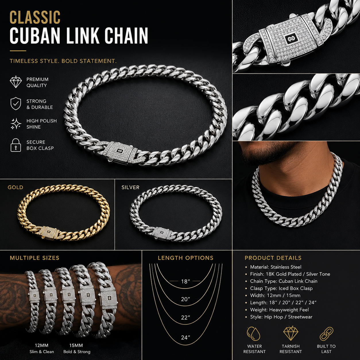 Classic Cuban Link Chain Necklace – Premium 18K Gold Plated Hip Hop Jewelry