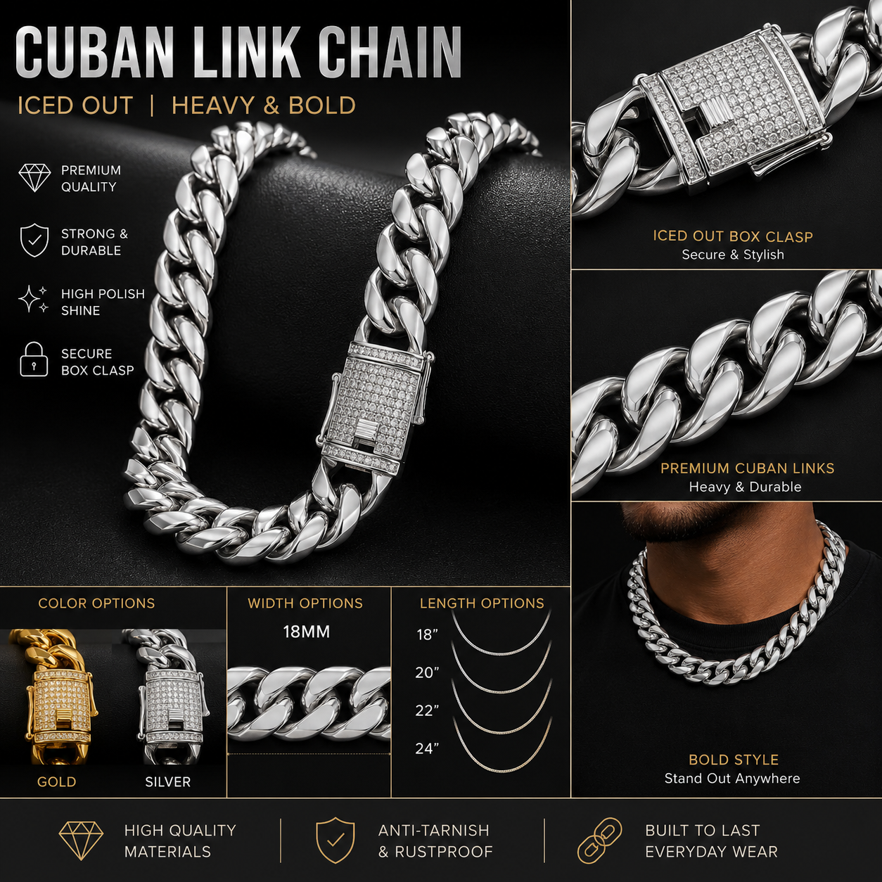 Iced Out Cuban Link Chain Necklace & Bracelet Set for Men – Hip Hop Miami Curb Chain Jewelry in Gold/Silver/Rose Gold