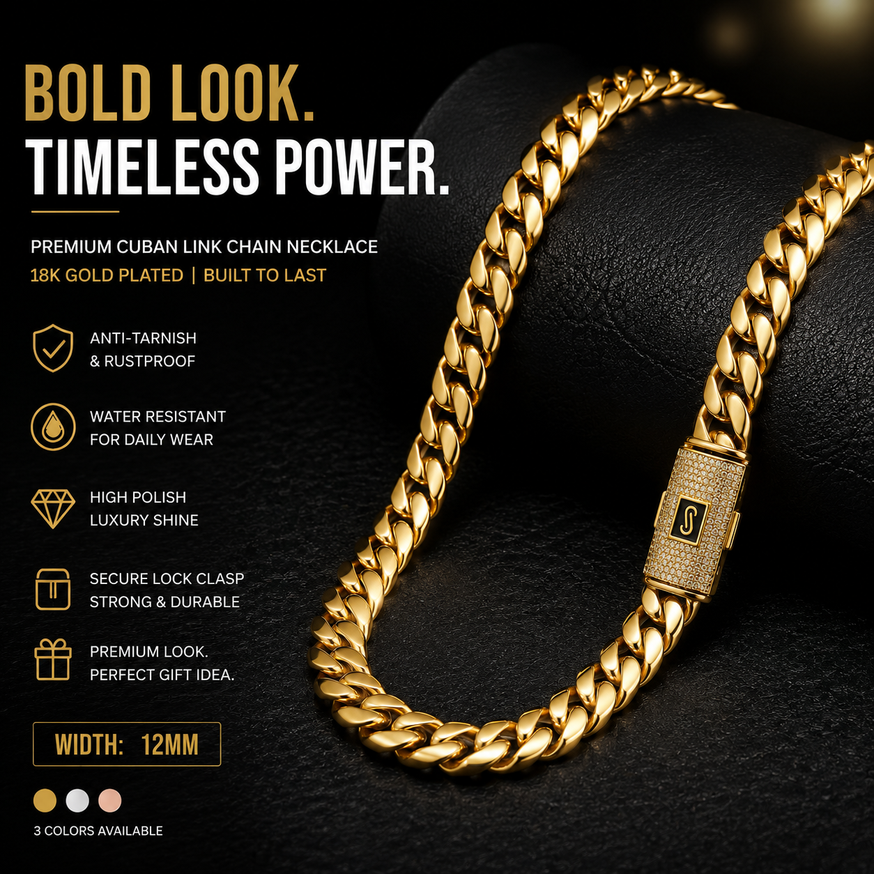 18K Gold Cuban Link Chain Necklace for Men – Luxury Hip Hop Chain with Iced Lock Clasp, Waterproof & Tarnish Resistant