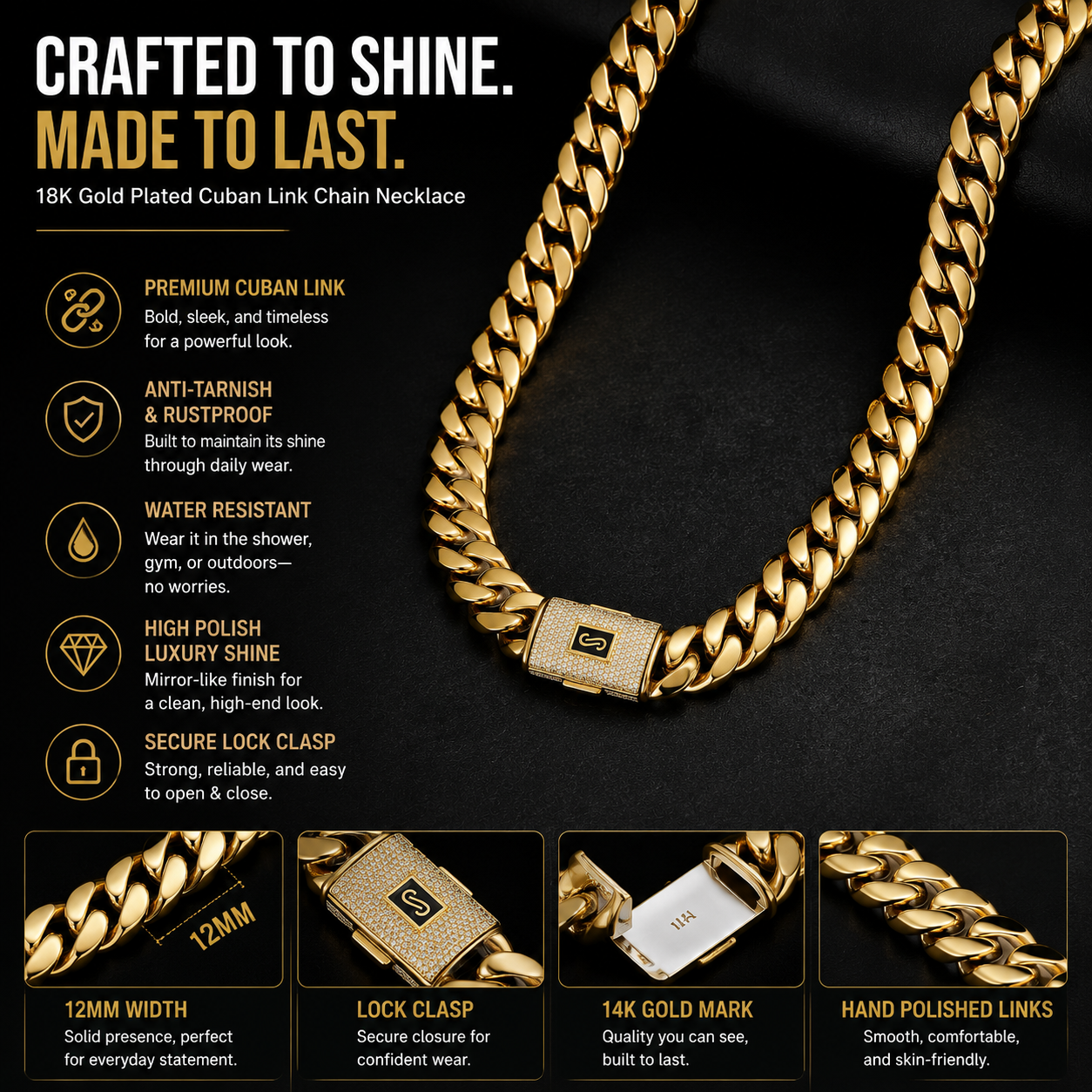 18K Gold Cuban Link Chain Necklace for Men – Luxury Hip Hop Chain with Iced Lock Clasp, Waterproof & Tarnish Resistant