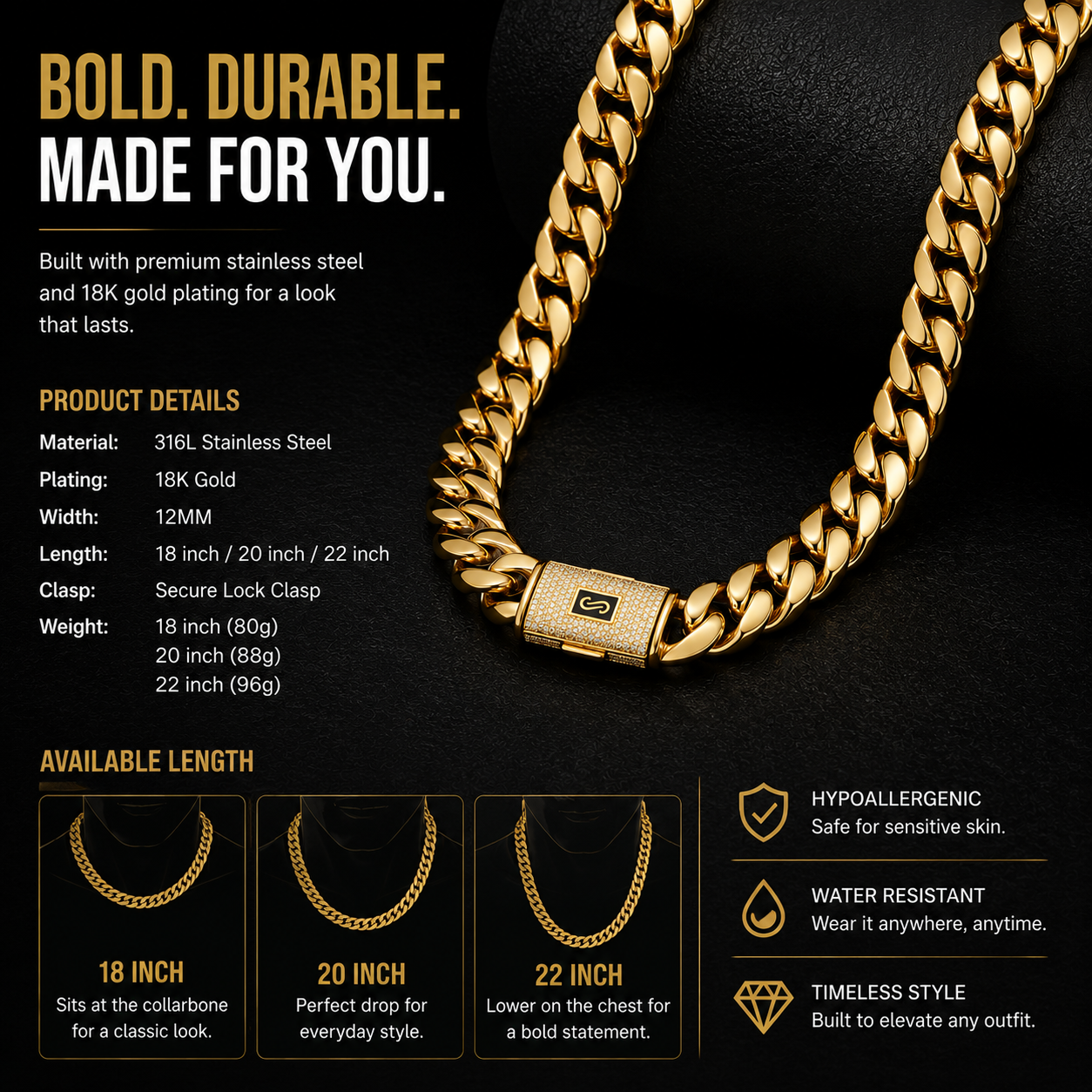 18K Gold Cuban Link Chain Necklace for Men – Luxury Hip Hop Chain with Iced Lock Clasp, Waterproof & Tarnish Resistant