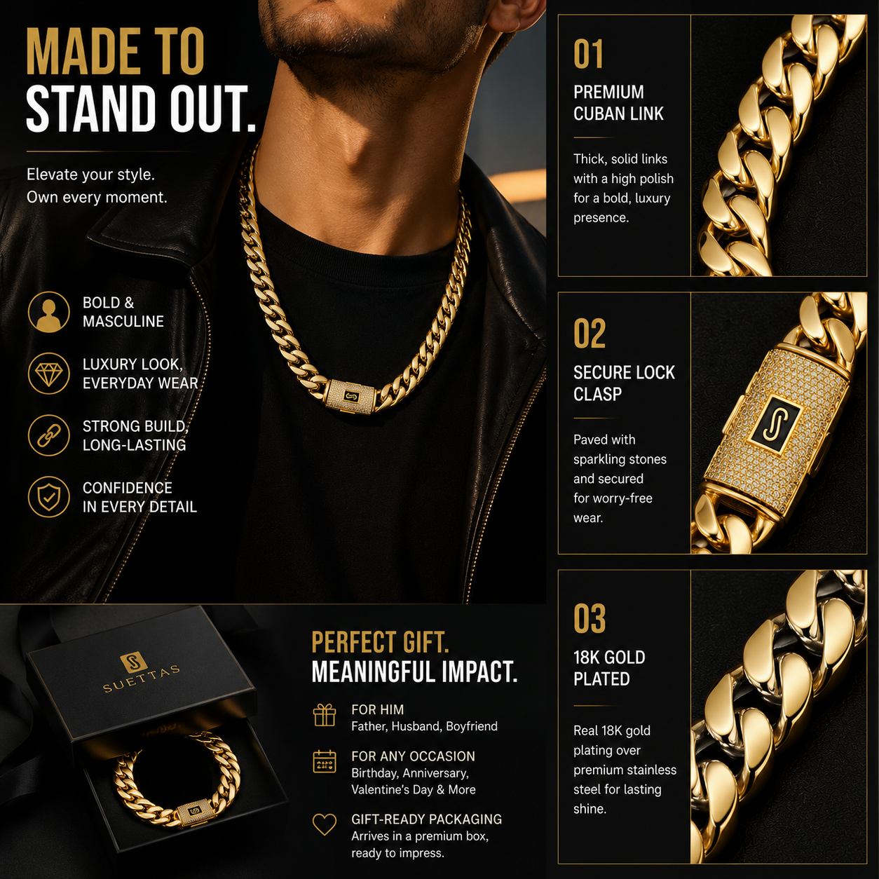 18K Gold Cuban Link Chain Necklace for Men – Luxury Hip Hop Chain with Iced Lock Clasp, Waterproof & Tarnish Resistant