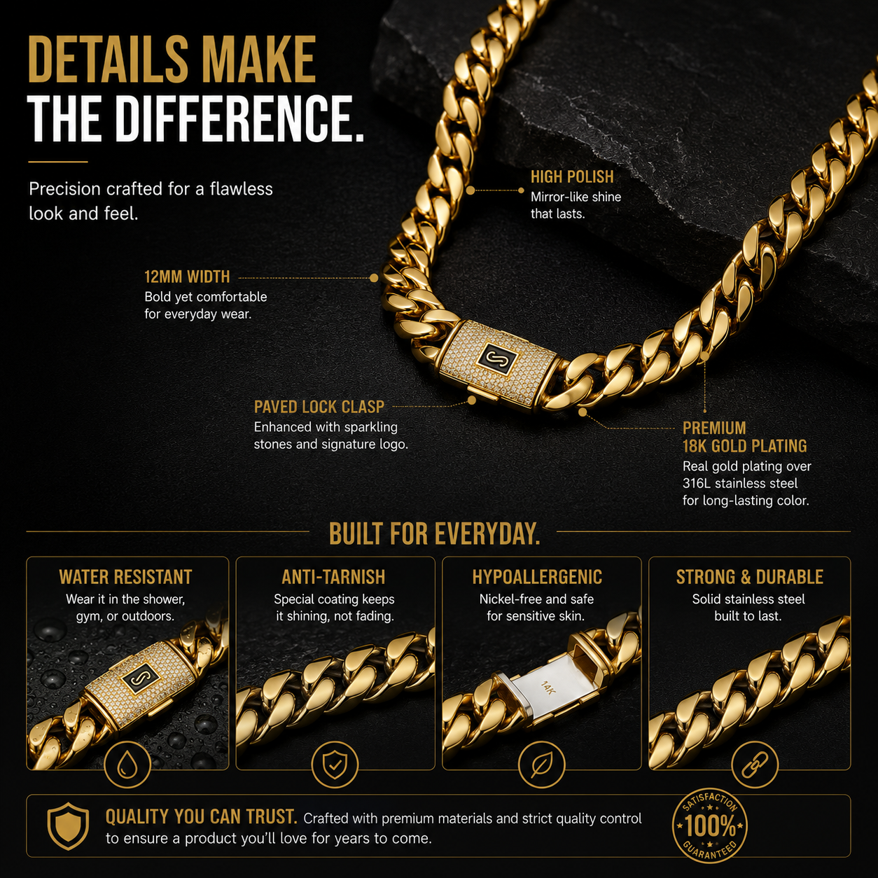 18K Gold Cuban Link Chain Necklace for Men – Luxury Hip Hop Chain with Iced Lock Clasp, Waterproof & Tarnish Resistant