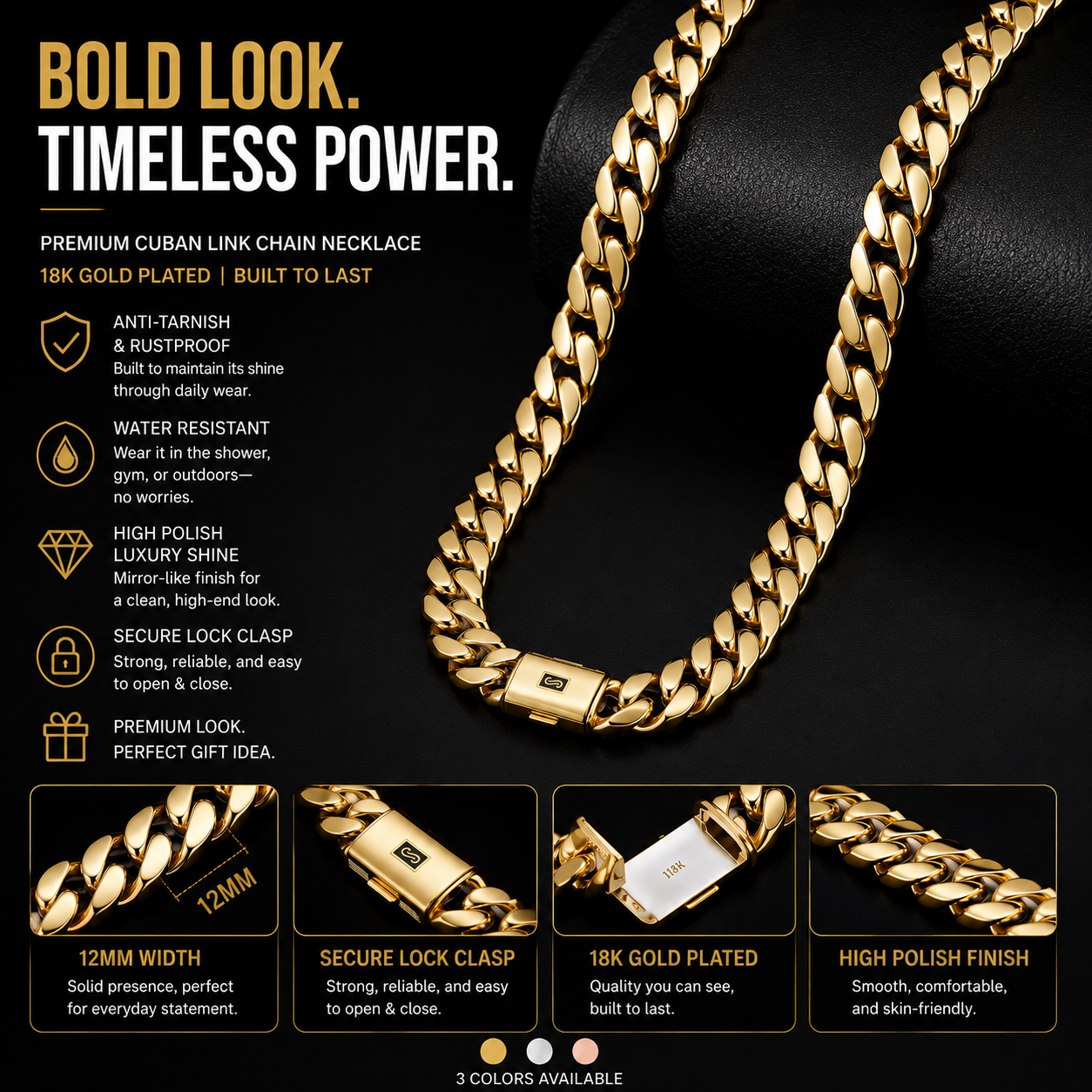 14K Gold Plated Miami Cuban Link Chain Necklace, Waterproof & Sweatproof, Vacuum Plated, Anti-Tarnish Solid Stainless Steel Jewelry with Signature Black "S" Logo Clasp