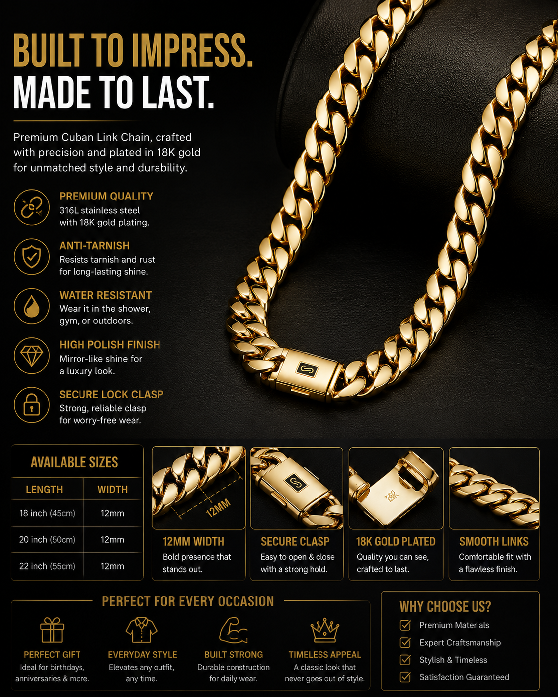 14K Gold Plated Miami Cuban Link Chain Necklace, Waterproof & Sweatproof, Vacuum Plated, Anti-Tarnish Solid Stainless Steel Jewelry with Signature Black "S" Logo Clasp