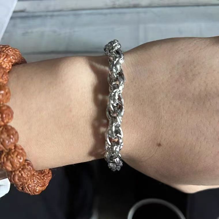 Men’s Dragon Twisted Chain BraceleStainless Steel, Silver Plated, Textured Curb Link, Adjustable Streetwear Jewelry