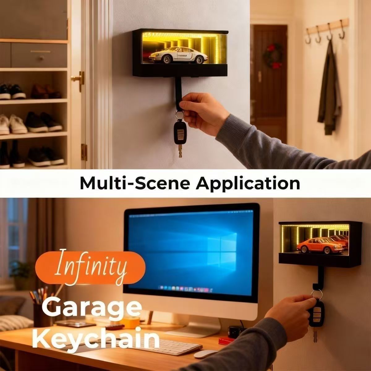 Infinity Garage Keychain Hanger, Race Car Key Holder Wall Mount with LED, Infinite Glowing Illusion Tunnel, Keypit Garage Key Holder, Glowing Garages Keys Hook Rack Home Decor for Car Lover Gift