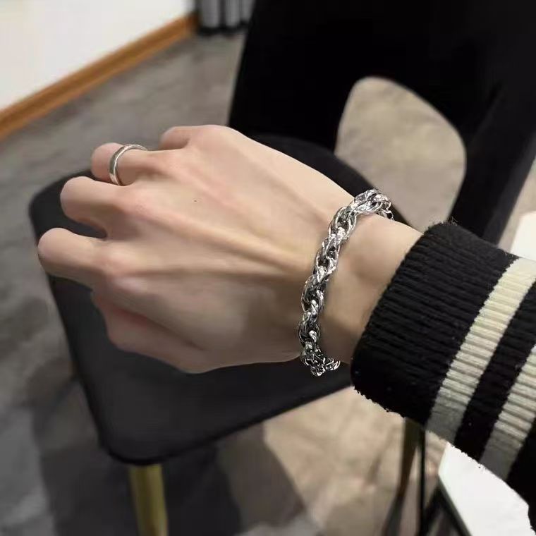 Men’s Dragon Twisted Chain BraceleStainless Steel, Silver Plated, Textured Curb Link, Adjustable Streetwear Jewelry