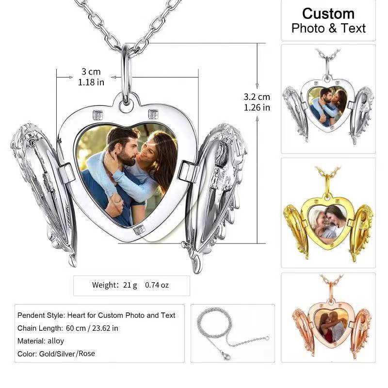 Custom Photo Angel Wings Circular Pendant, Personalized Memorial Photo Pendant Necklace for Women Man