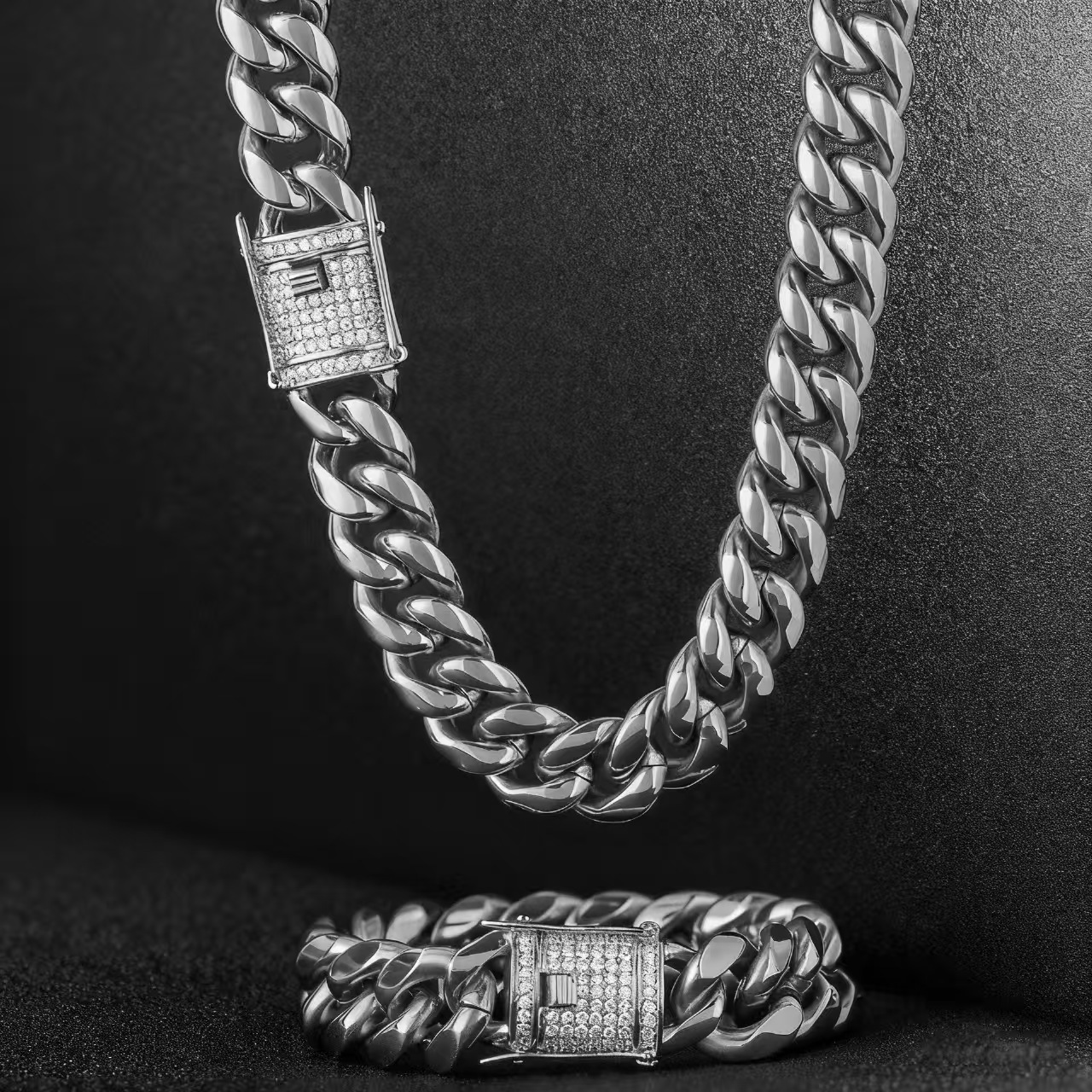 Iced Out Cuban Link Chain Necklace & Bracelet Set for Men – Hip Hop Miami Curb Chain Jewelry in Gold/Silver/Rose Gold