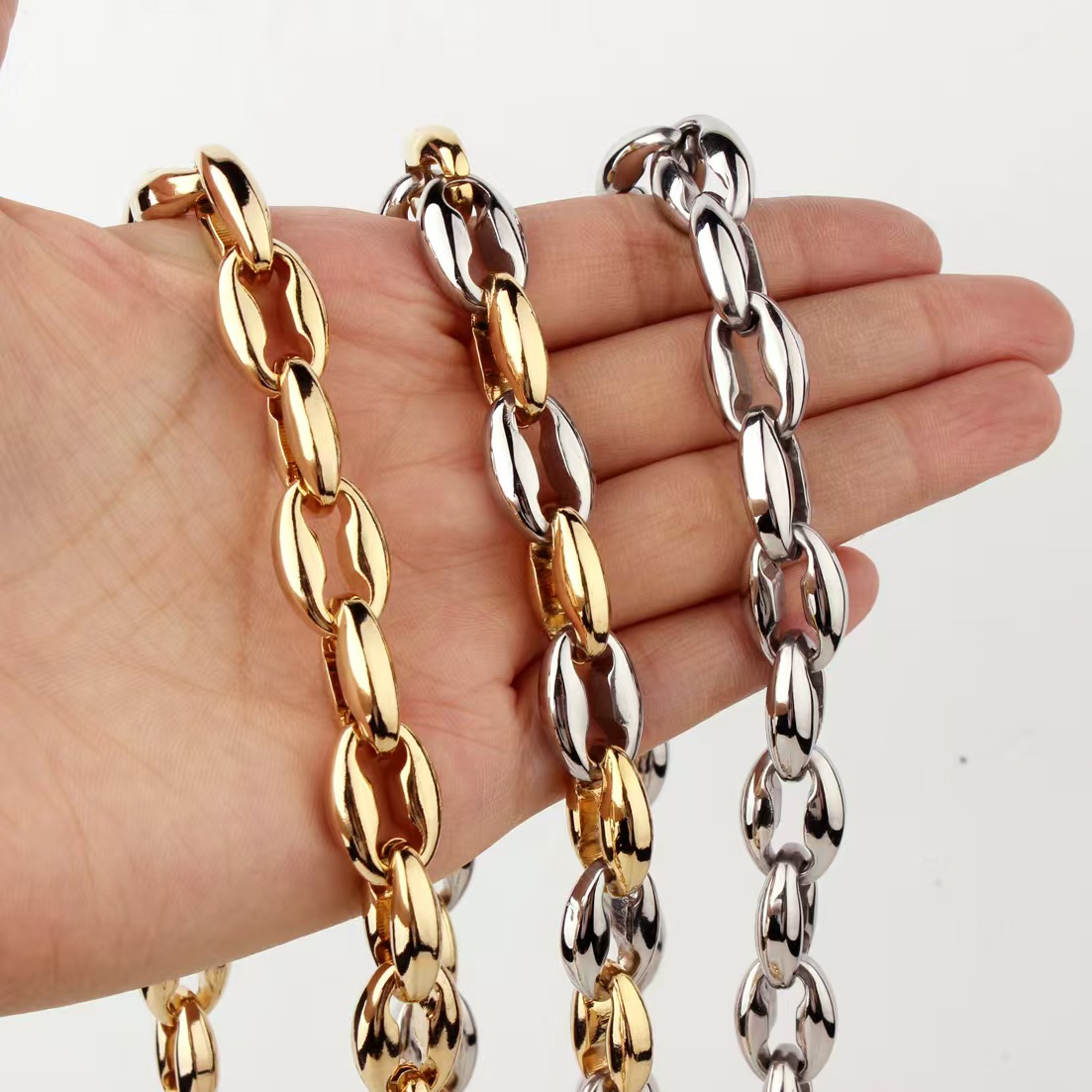 Stainless steel gold plated chain with coffee bean link, Chain Links Necklaces, Gold Chain Necklaces