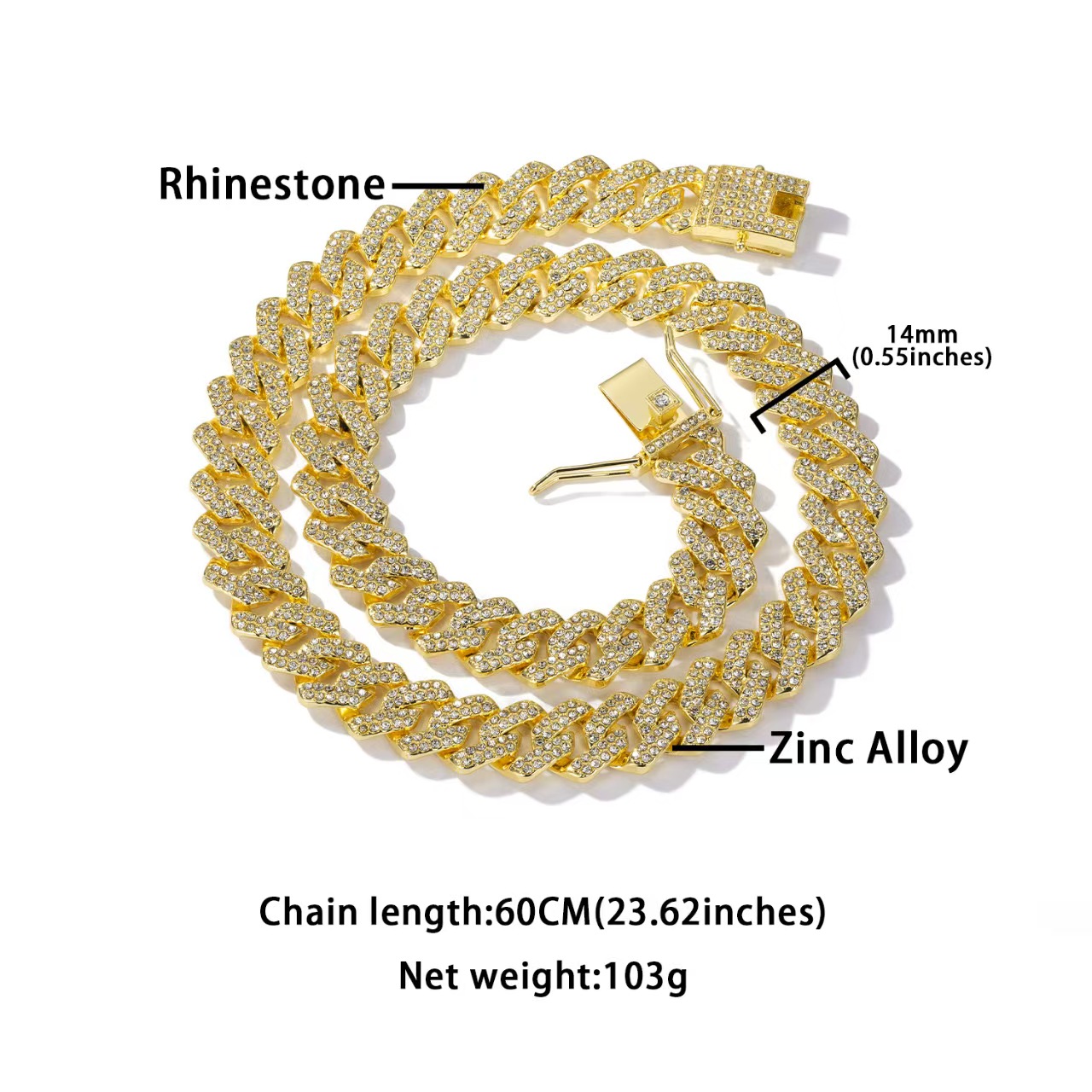 2-Piece Set Rhinestone Cuban Chain Necklace Bracelet Set, Unisex Street Party Jewelry, Bold Design for Men and Women