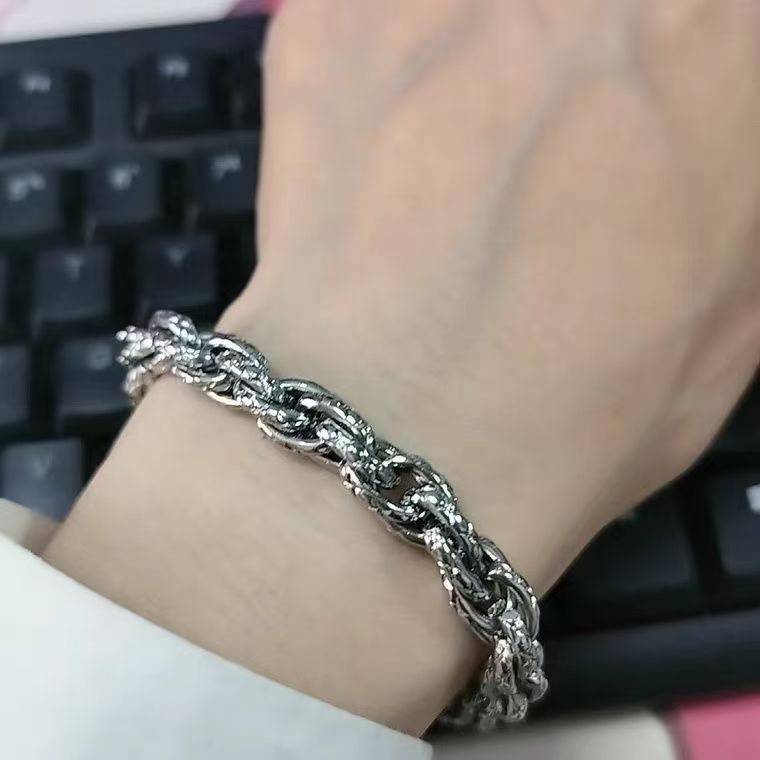 Men’s Dragon Twisted Chain BraceleStainless Steel, Silver Plated, Textured Curb Link, Adjustable Streetwear Jewelry