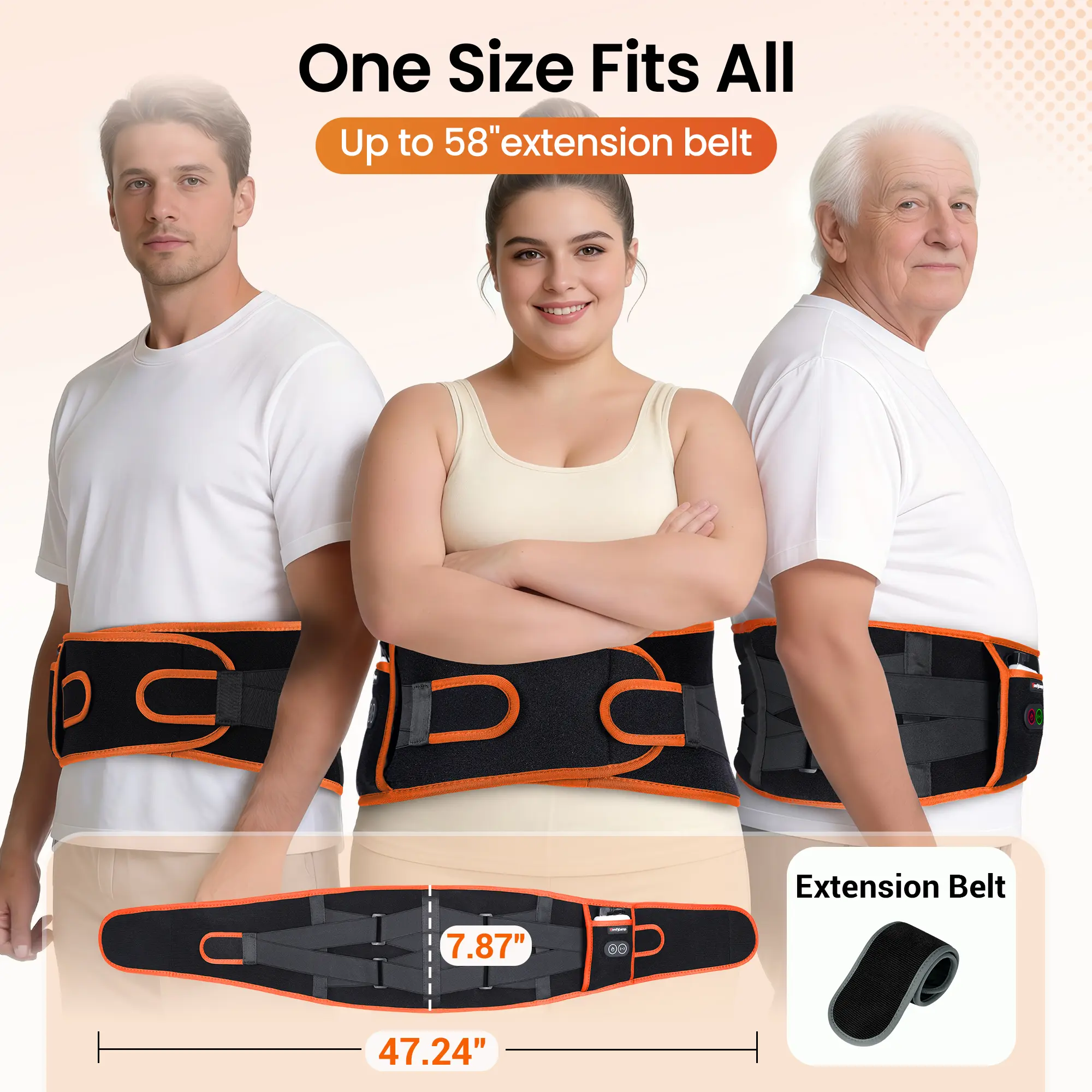 Cordless Back Massager with 3 Heating Levels & 3 Vibration Levels - Up to 58'' Waist Heating Pad for Deep Back Relief - Portable & Adjustable Elastic Strap - 30-Day Guarantee