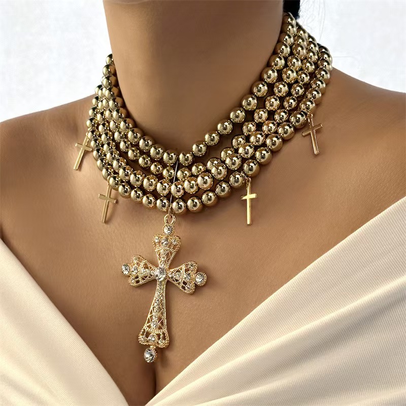 Fashion Layered Pearl and Chain Necklace, Rhinestone Cross Pendant Choker for Women, Trendy Alloy Statement Jewelry Gift for Her.