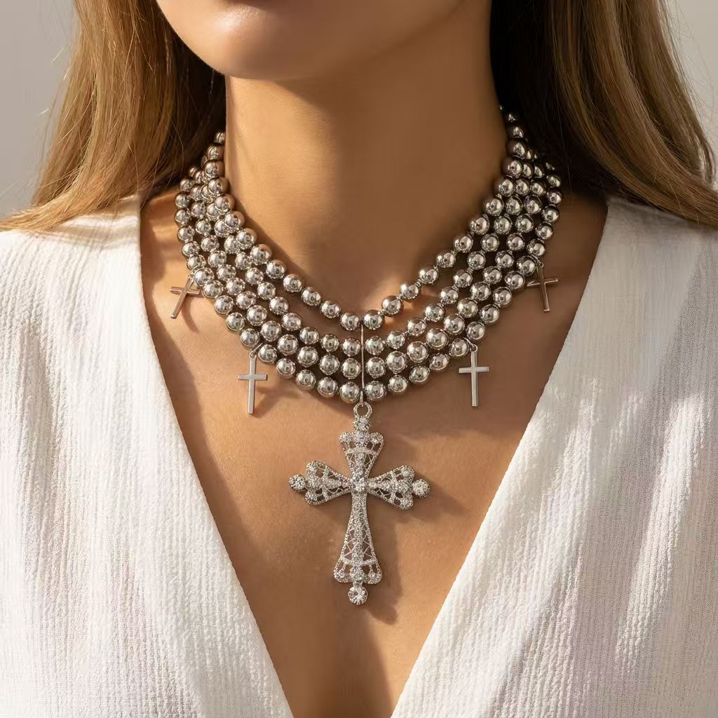 Fashion Layered Pearl and Chain Necklace, Rhinestone Cross Pendant Choker for Women, Trendy Alloy Statement Jewelry Gift for Her.