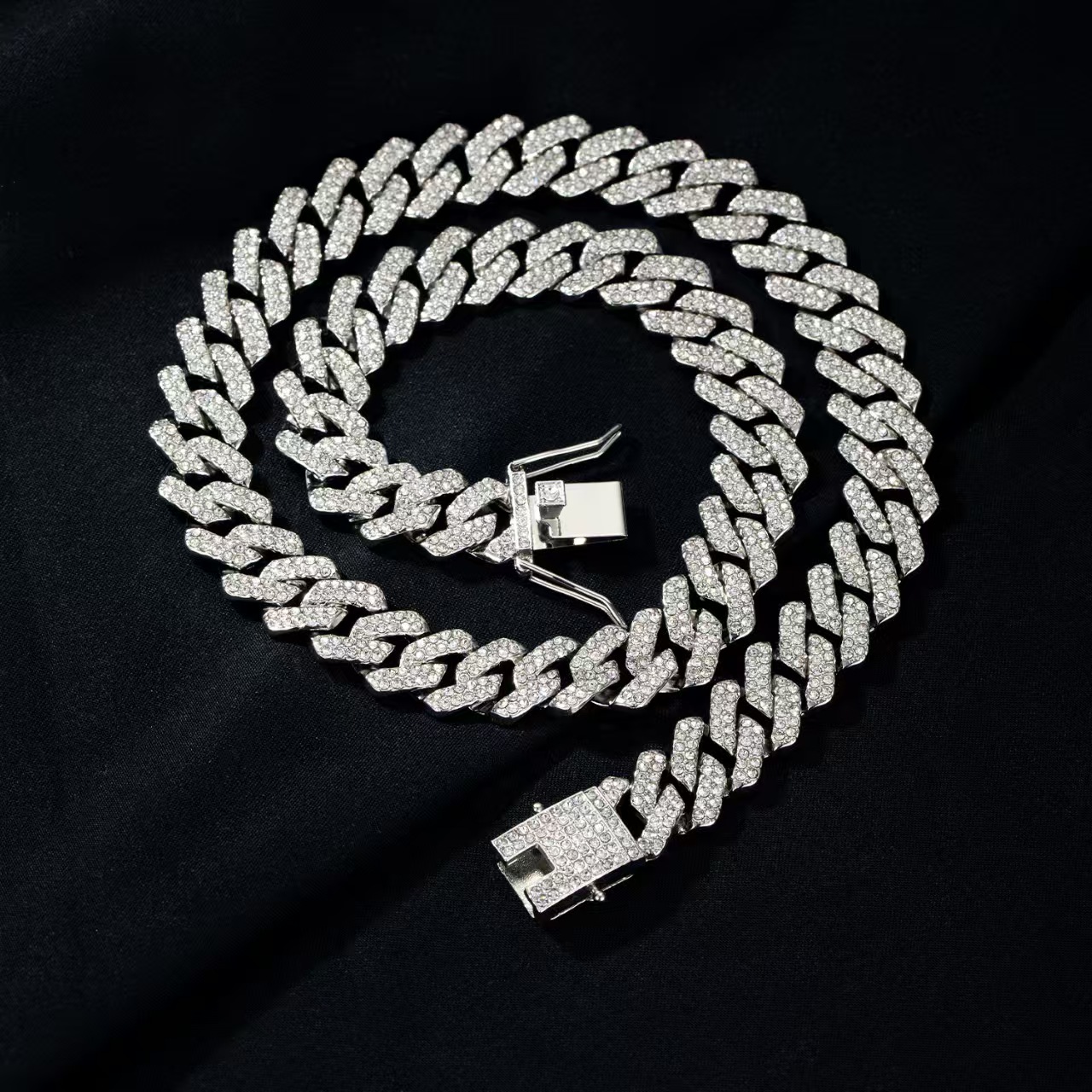 2-Piece Set Rhinestone Cuban Chain Necklace Bracelet Set, Unisex Street Party Jewelry, Bold Design for Men and Women