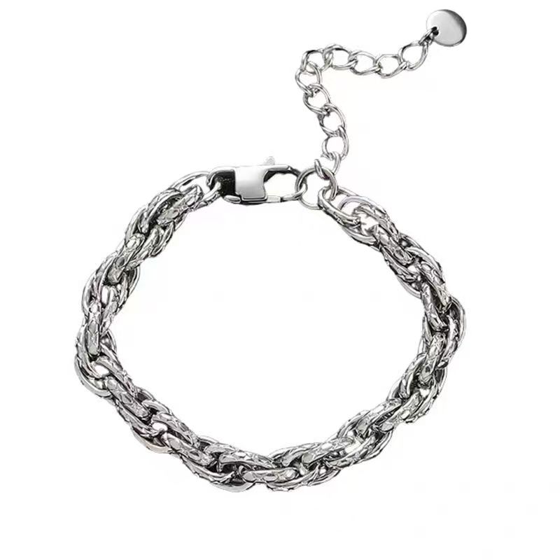 Men’s Dragon Twisted Chain BraceleStainless Steel, Silver Plated, Textured Curb Link, Adjustable Streetwear Jewelry