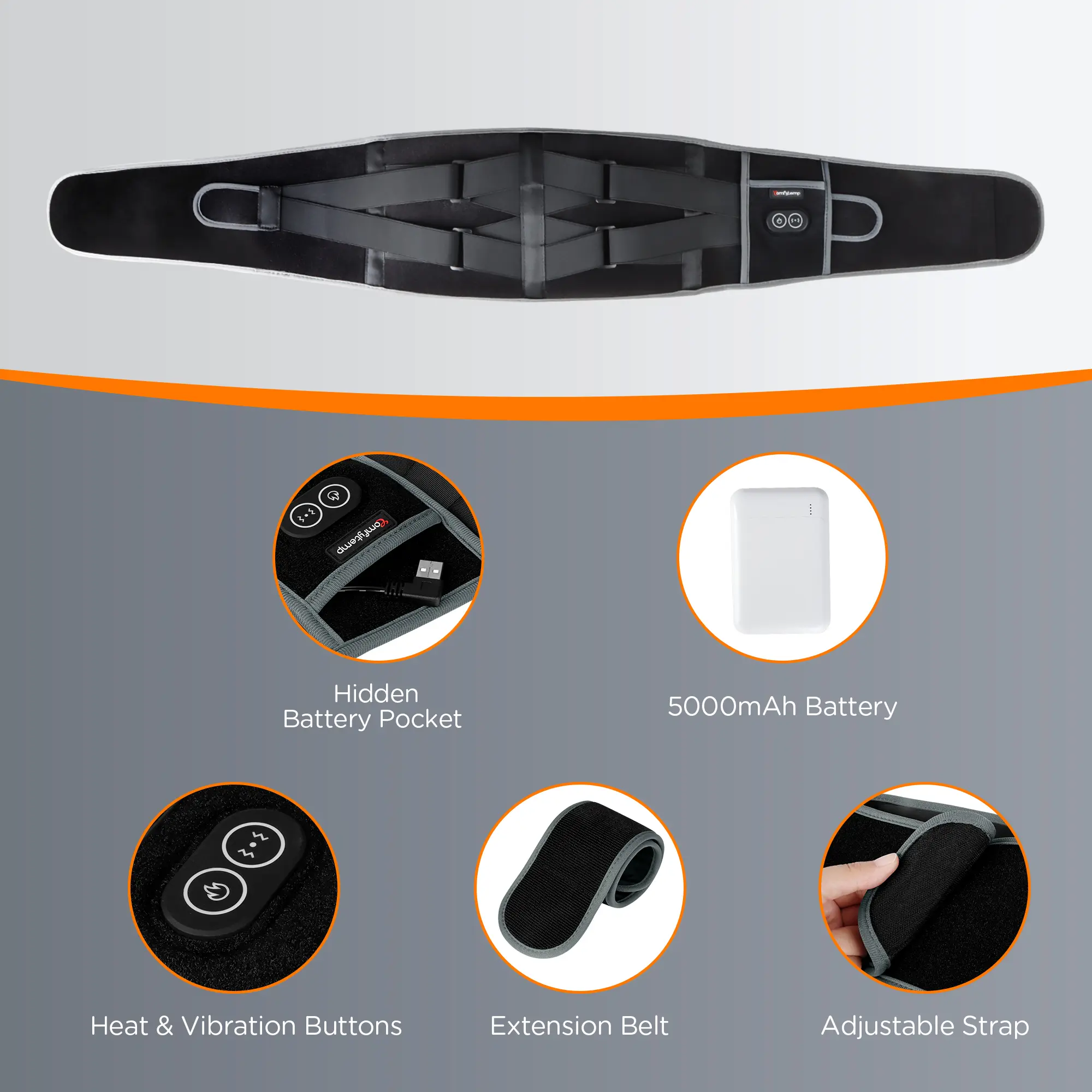 Cordless Back Massager with 3 Heating Levels & 3 Vibration Levels - Up to 58'' Waist Heating Pad for Deep Back Relief - Portable & Adjustable Elastic Strap - 30-Day Guarantee