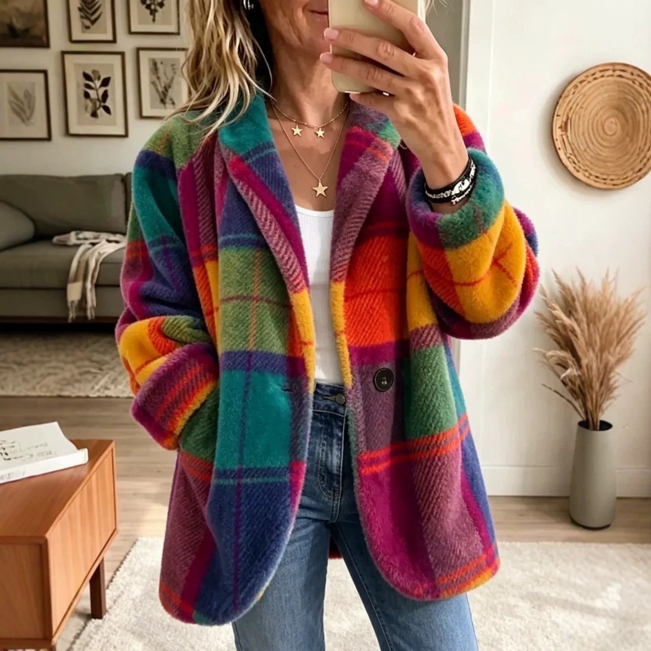 Women's Plaid Cardigan – Color Block Open-Front Sweater with Pockets