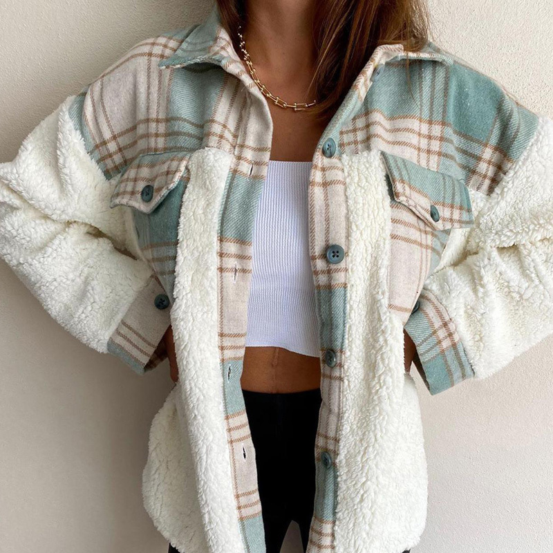 Women's Plaid Sherpa Jacket – Cozy Contrast Design for Everyday Wear