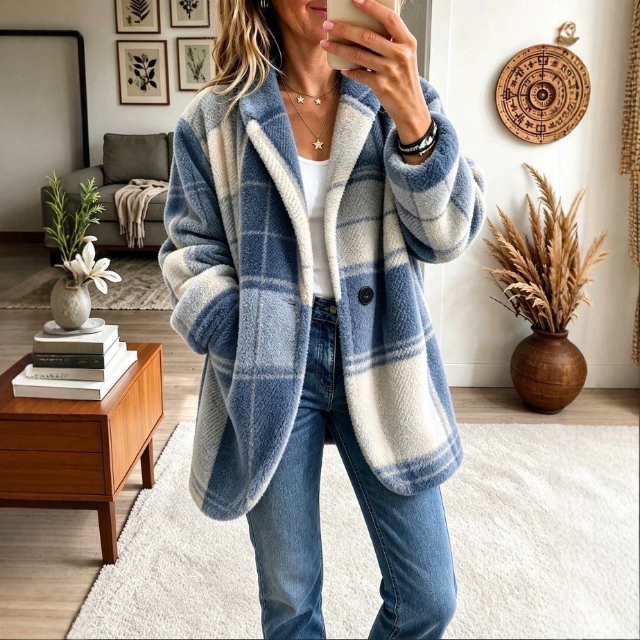 Women's Plaid Cardigan – Color Block Open-Front Sweater with Pockets