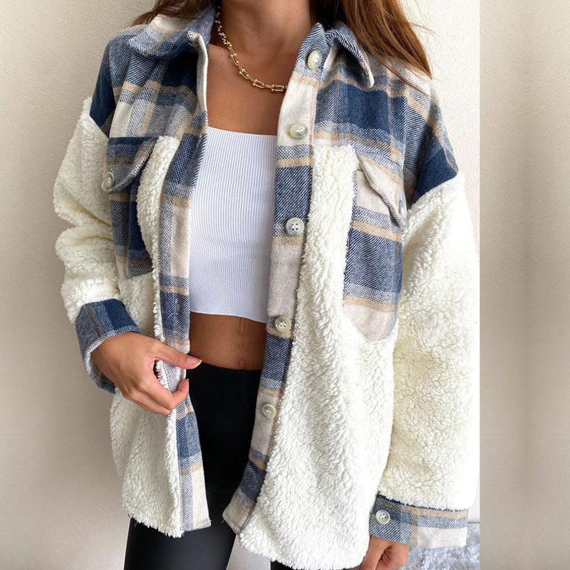Women's Plaid Sherpa Jacket – Cozy Contrast Design for Everyday Wear