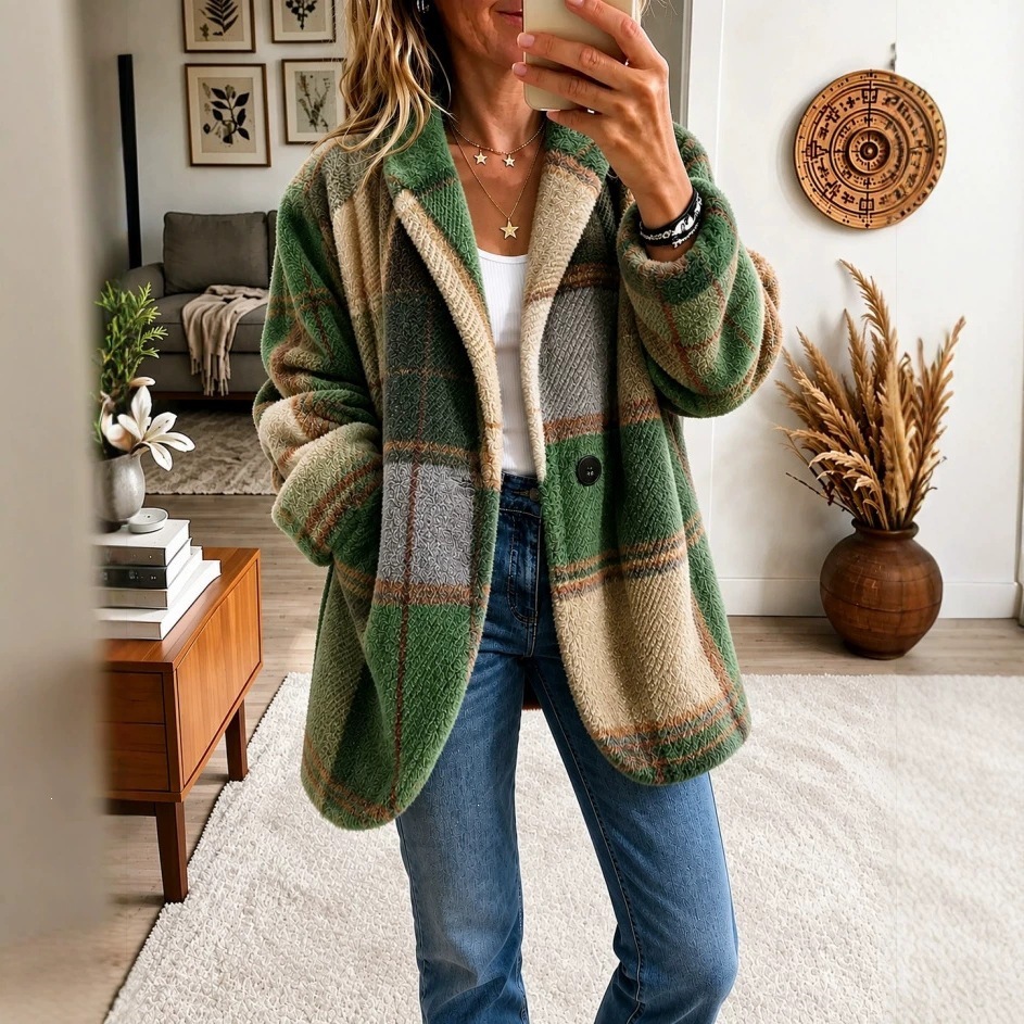 Women's Plaid Cardigan – Color Block Open-Front Sweater with Pockets