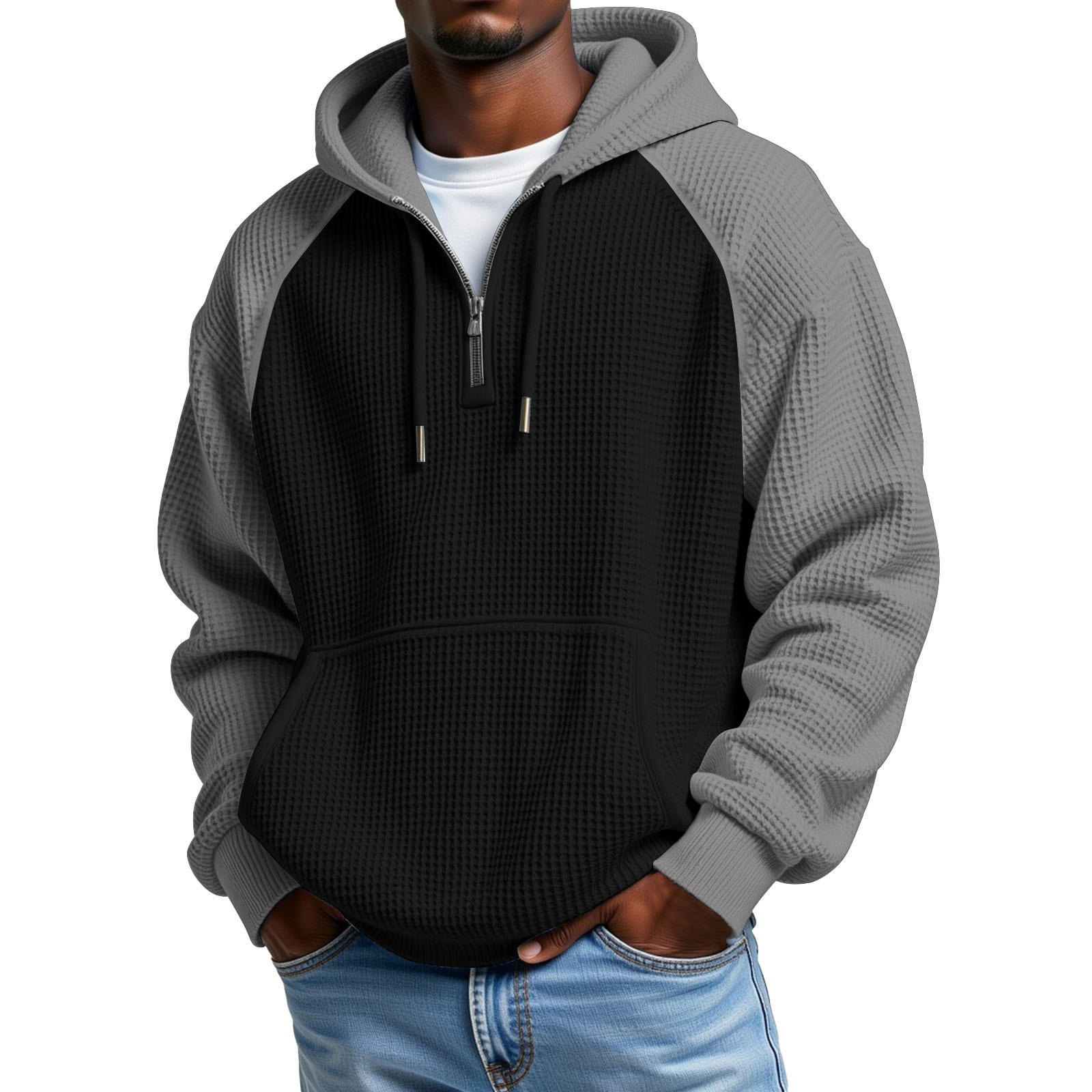 Men's Quarter-Zip Waffle Hoodie – Contrast Design for Everyday Wear