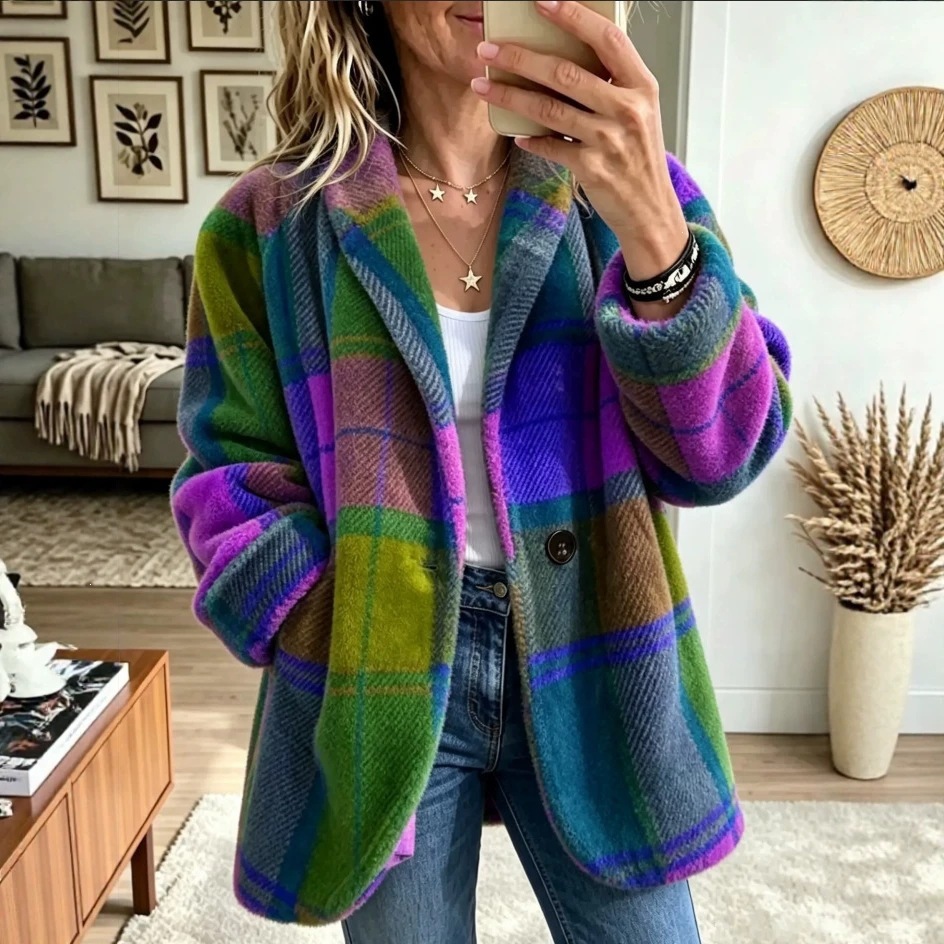Women's Plaid Cardigan – Color Block Open-Front Sweater with Pockets